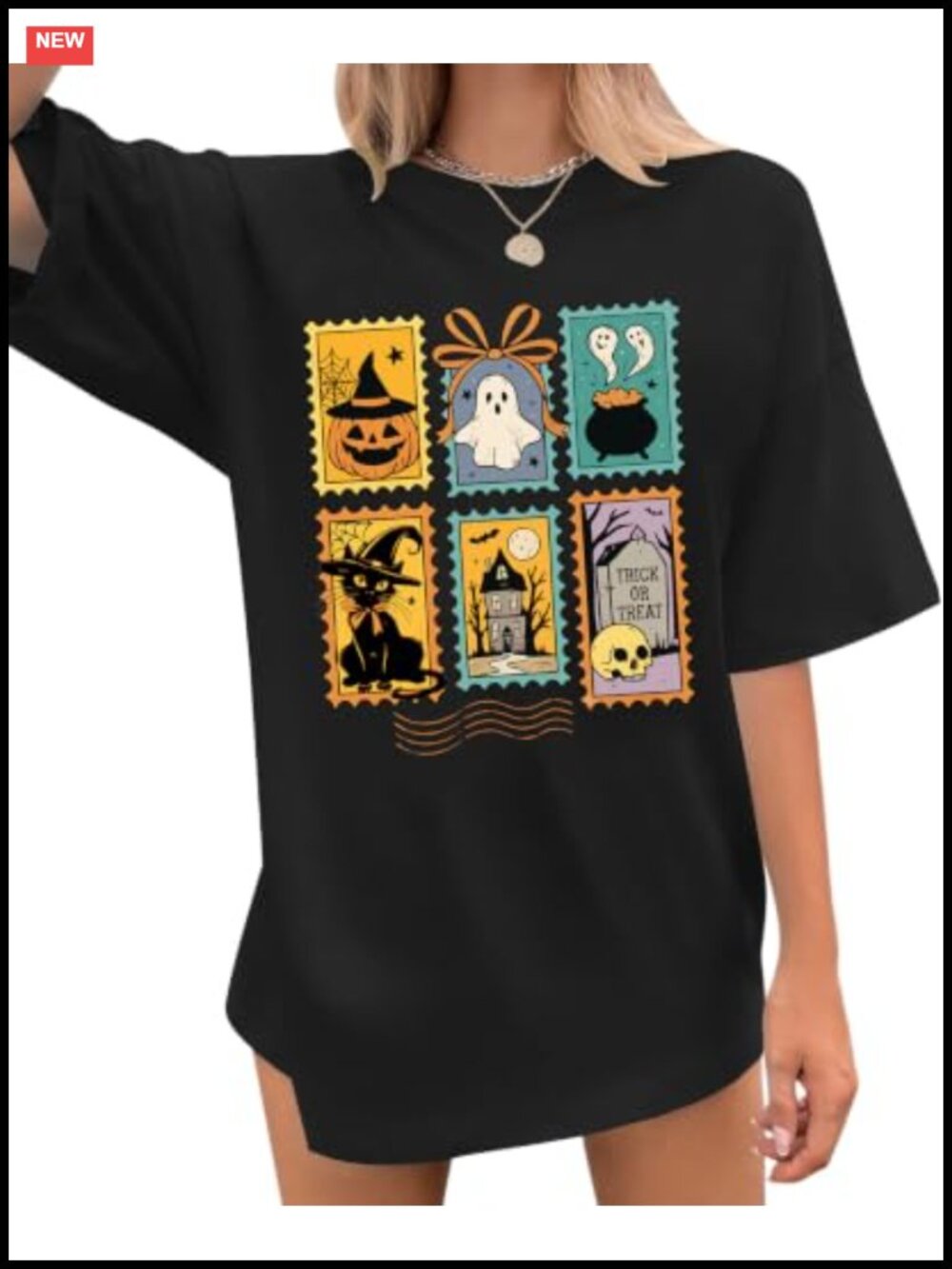 Oversized Halloween Graphic Tee Women Loose Fit Postage Stamps Print Short